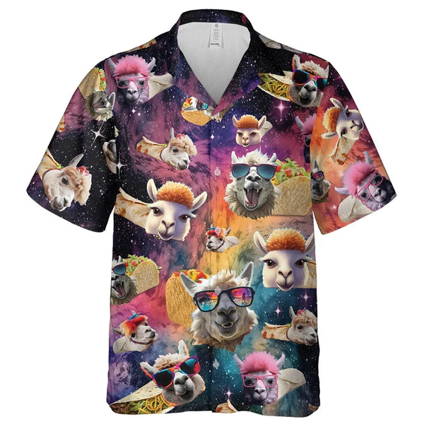 Llama Galaxy Print Short Sleeve Button-Up Shirt